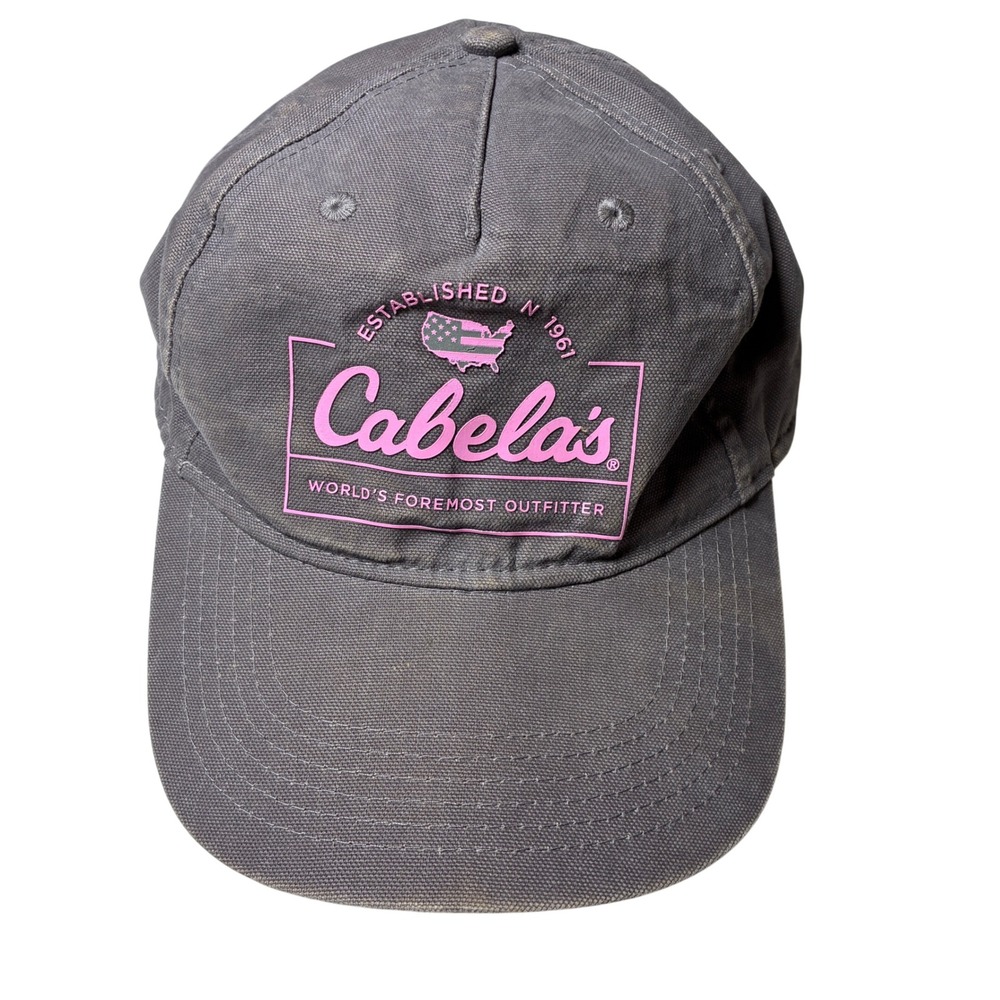 Cabelas Gray Cotton Canvas Baseball Cap Pink Logo Adjustable One Size